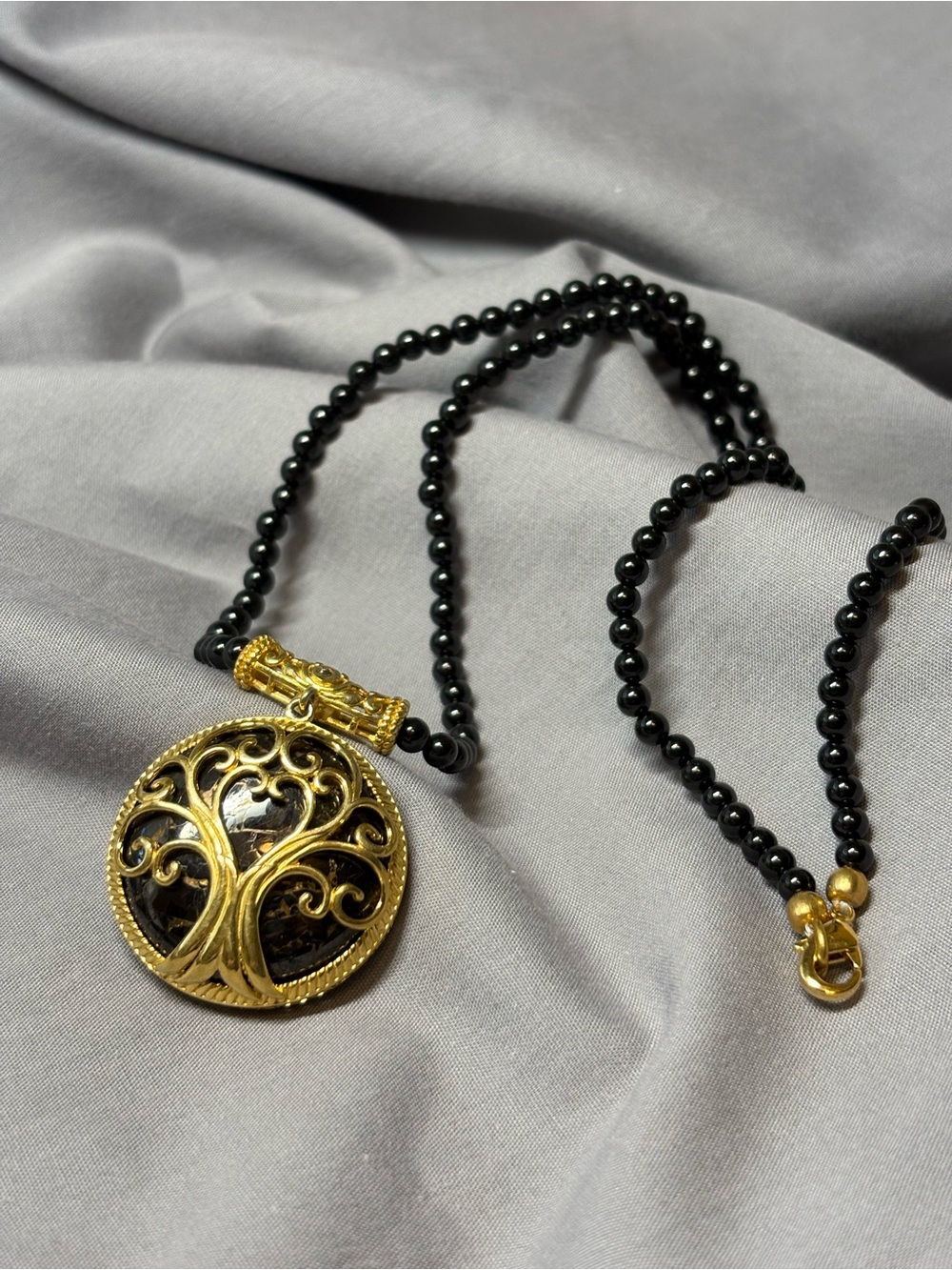 Silver Shungite Tree of Life Pendant, black Spinel Beaded Necklace